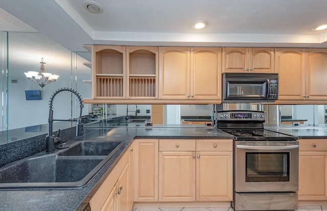 kitchen featuring a notable chandelier, light tile patterned flooring, light brown cabinetry, sink, and stainless steel range with electric stovetop