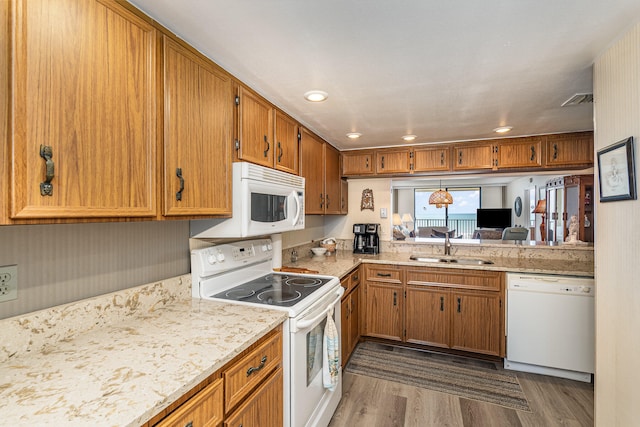 kitchen with dark hardwood / wood-style flooring, white appliances, and sink