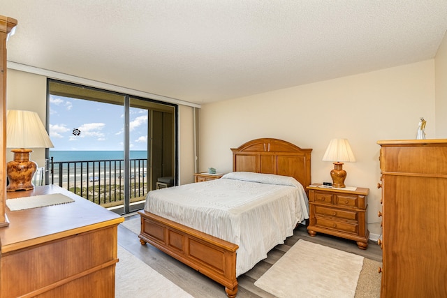 bedroom featuring a wall of windows, a water view, multiple windows, and access to exterior