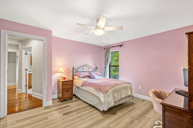 bedroom featuring ceiling fan and light hardwood / wood-style floors