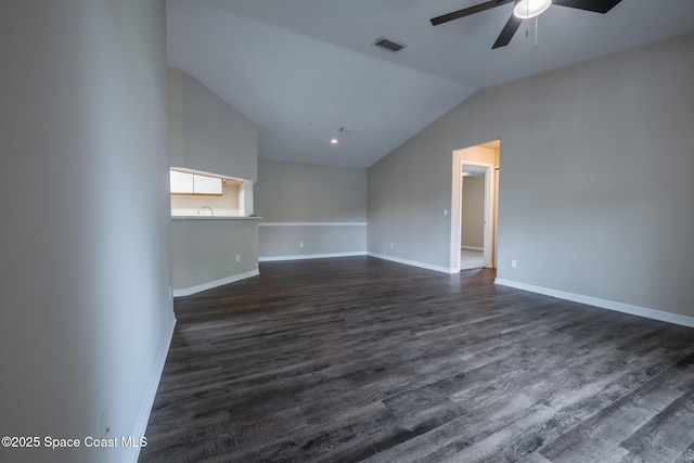 7667 N Wickham Rd Unit 1515, Melbourne, FL 32940 - unfurnished living room with a ceiling fan, vaulted ceiling, dark wood finished floors, and baseboards
