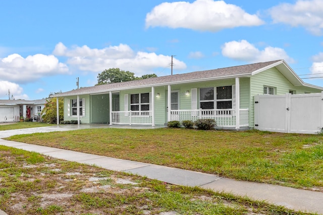 ranch-style house with covered porch and a front lawn