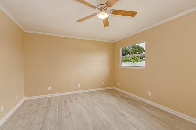 empty room featuring light hardwood / wood-style flooring, ceiling fan, and crown molding