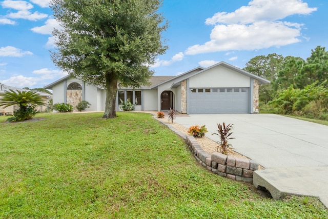 ranch-style home with a garage and a front yard