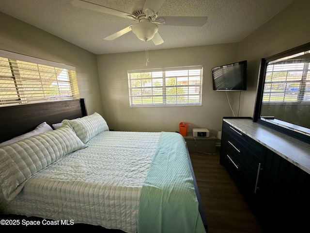 bedroom with multiple windows, dark hardwood / wood-style flooring, a textured ceiling, and ceiling fan