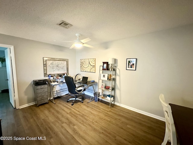 office area featuring hardwood / wood-style flooring, ceiling fan, and a textured ceiling