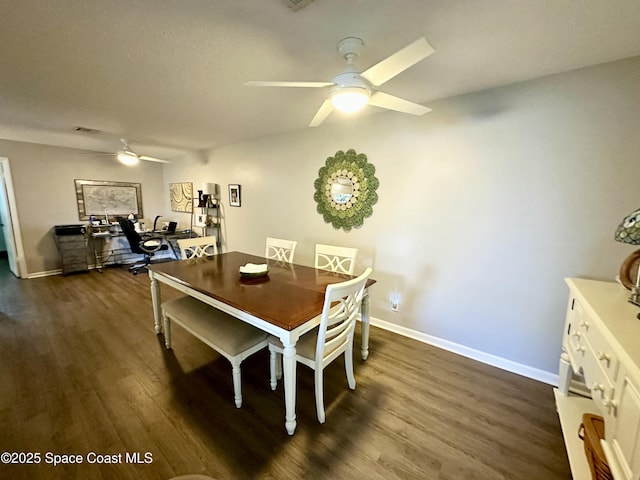 dining area with dark wood-type flooring and ceiling fan