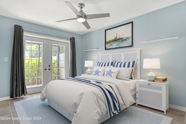 bedroom featuring access to outside, ceiling fan, and french doors