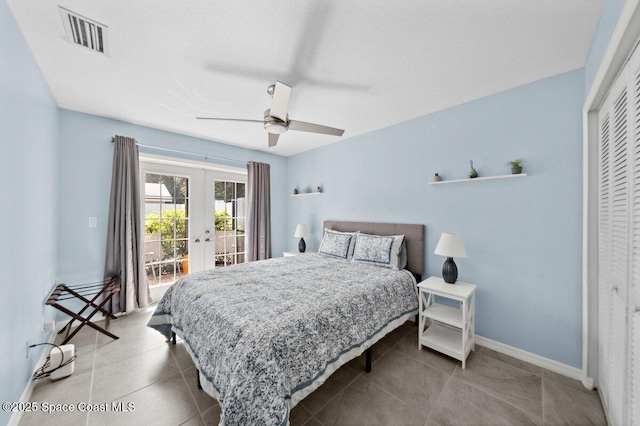 6209 S Mirror Lake Dr Unit 7, Sebastian, FL 32958 - tiled bedroom featuring french doors, access to exterior, a closet, baseboards, and ceiling fan