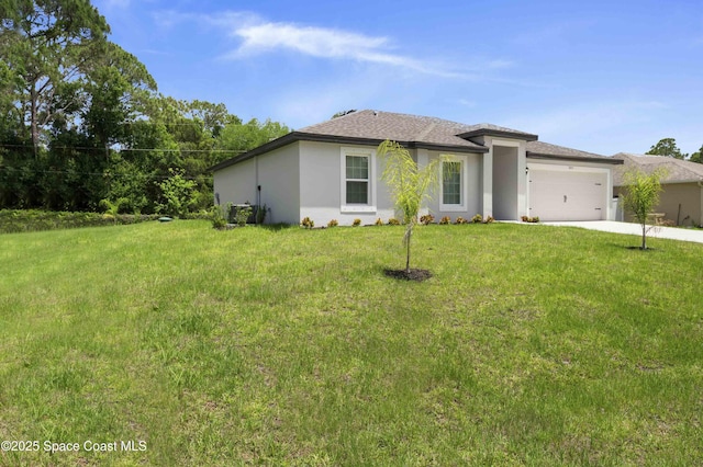 1035 Flintlock Ave SE, Palm Bay, FL 32909 - view of front of house with a garage, driveway, stucco siding, and a front yard