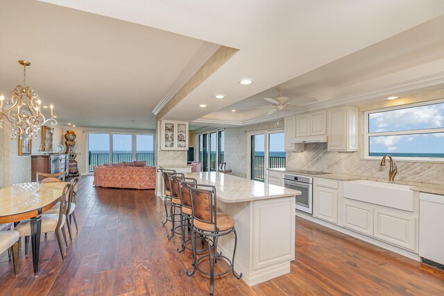 kitchen featuring wood-type flooring, a water view, sink, oven, and a raised ceiling