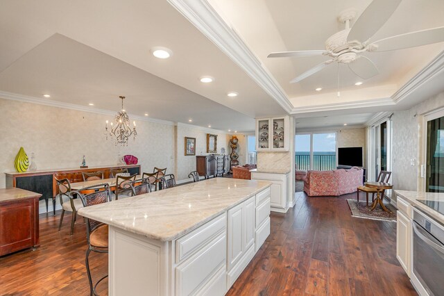 kitchen with dark wood-type flooring, a kitchen bar, a tray ceiling, and stainless steel oven