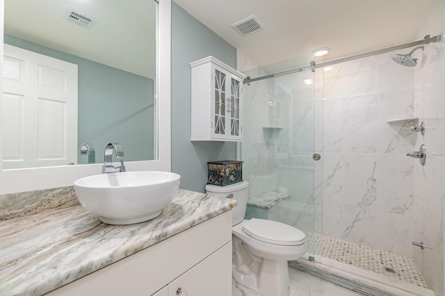 full bathroom featuring vanity, a marble finish shower, visible vents, and marble finish floor