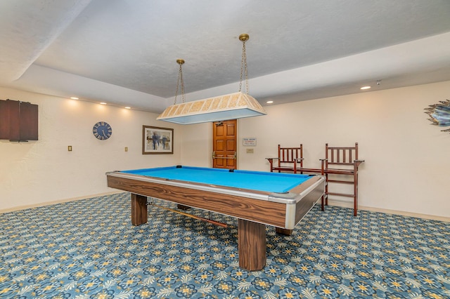 rec room with baseboards, billiards, and carpet flooring