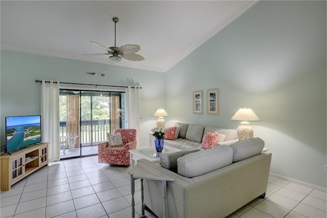 9635 Riverside Dr Unit 3, Sebastian, FL 32958 - tiled living room with vaulted ceiling, ornamental molding, and ceiling fan