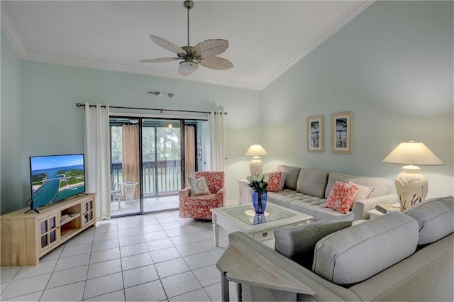 9635 Riverside Dr Unit 3, Sebastian, FL 32958 - tiled living room with ceiling fan and ornamental molding