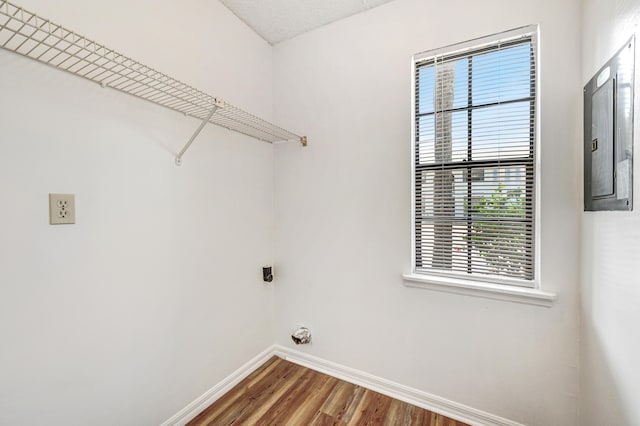 clothes washing area with dark wood-type flooring and hookup for an electric dryer