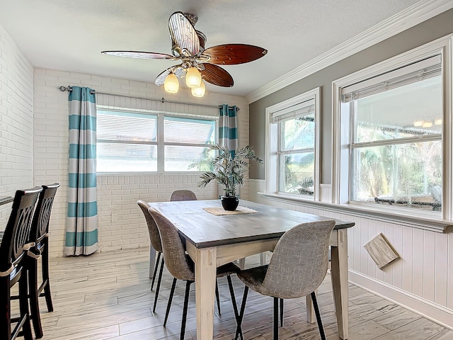 dining area with a textured ceiling, light wood-type flooring, ornamental molding, ceiling fan, and brick wall