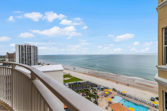 view of water feature with a beach view