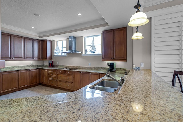 kitchen with wall chimney exhaust hood, sink, hanging light fixtures, a tray ceiling, and black electric stovetop