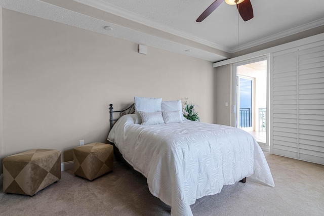 carpeted bedroom with ornamental molding, access to outside, and ceiling fan