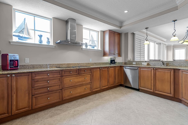 kitchen with hanging light fixtures, ornamental molding, dishwasher, light stone countertops, and wall chimney range hood