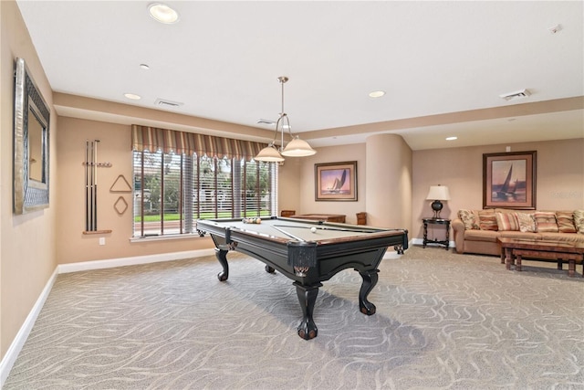 rec room featuring visible vents, light carpet, recessed lighting, pool table, and baseboards