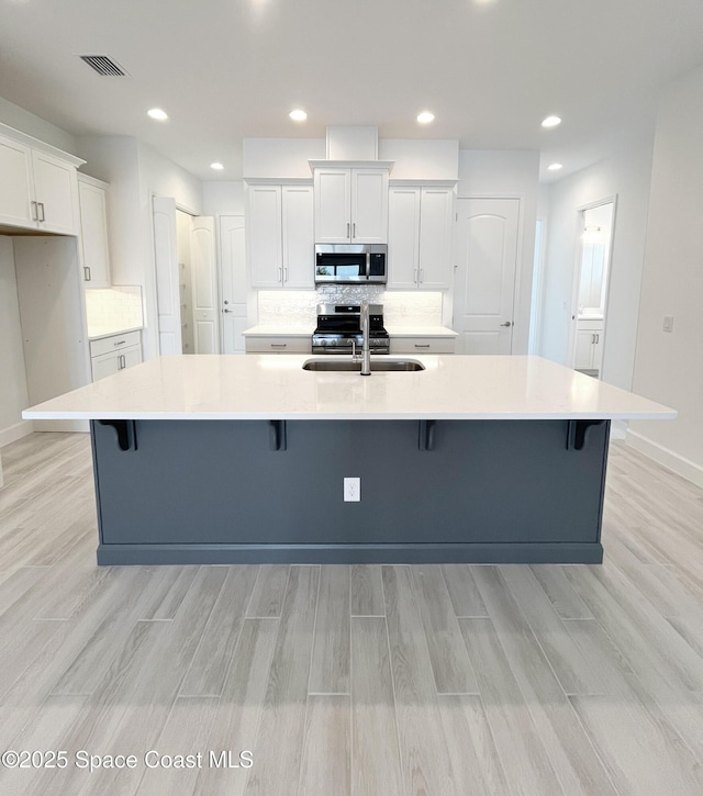 kitchen featuring visible vents, white cabinets, decorative backsplash, stainless steel appliances, and a sink