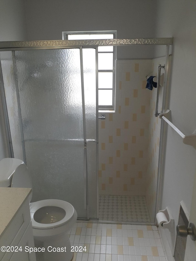 bathroom featuring vanity, a shower stall, and toilet