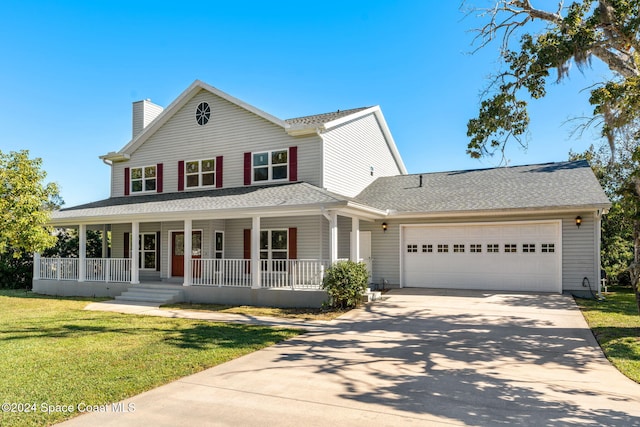 farmhouse inspired home featuring covered porch, a garage, and a front yard