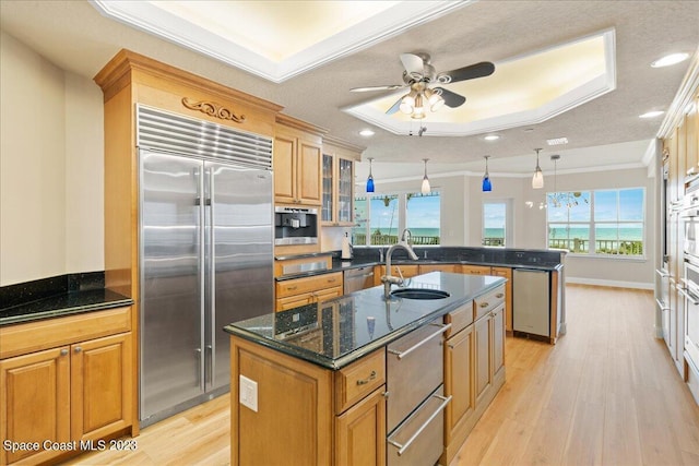 kitchen with a center island with sink, a tray ceiling, appliances with stainless steel finishes, ornamental molding, and dark stone counters