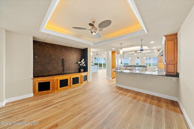 living room featuring a wealth of natural light, light hardwood / wood-style flooring, a raised ceiling, and sink