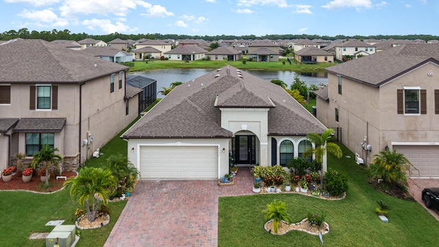 view of front of property featuring a garage, a water view, and a front yard