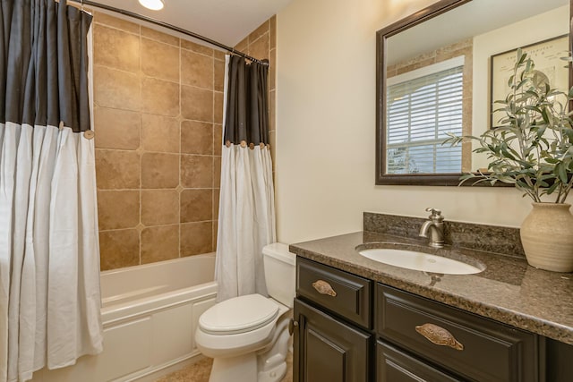 full bathroom with toilet, vanity, and shower / bathtub combination with curtain