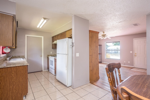 kitchen featuring light hardwood / wood-style flooring, white appliances, sink, a textured ceiling, and ceiling fan