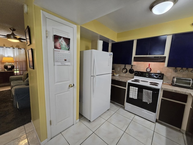 kitchen with electric stove, backsplash, light tile patterned floors, and white refrigerator