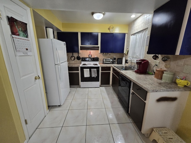 kitchen featuring sink, dishwasher, backsplash, electric range, and white fridge