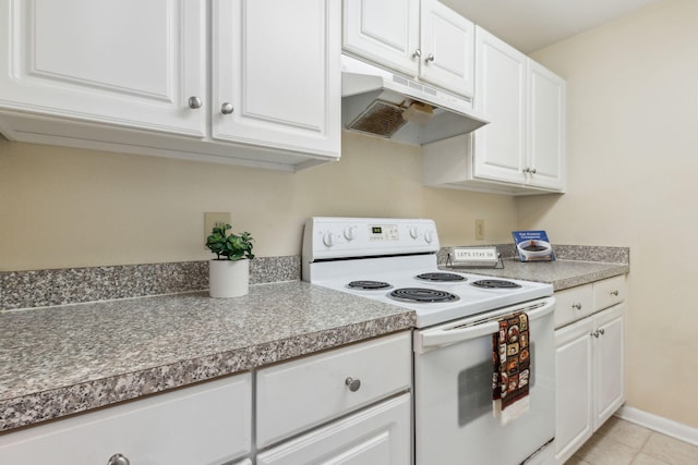 kitchen with white cabinetry, white electric stove, and light tile patterned floors