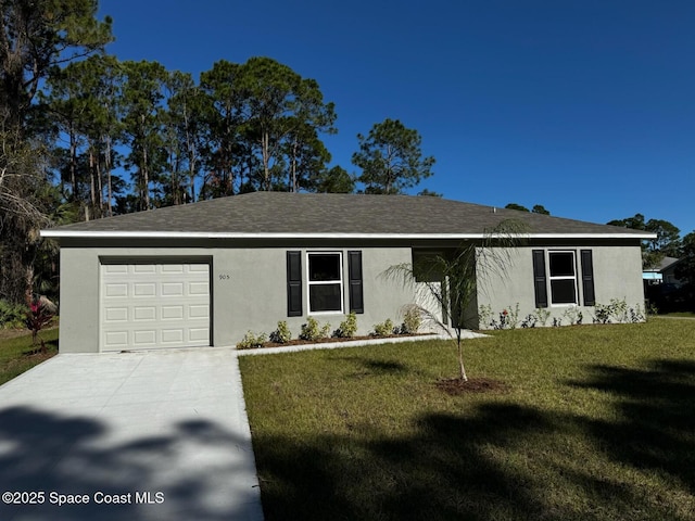 ranch-style home with a garage and a front lawn