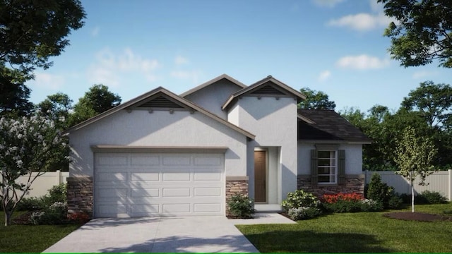 view of front of home featuring an attached garage, stone siding, fence, and stucco siding