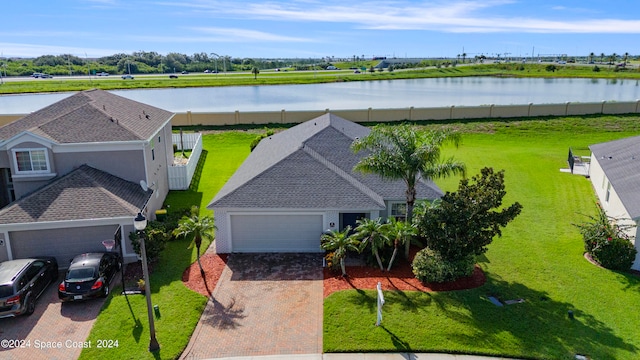 aerial view featuring a water view