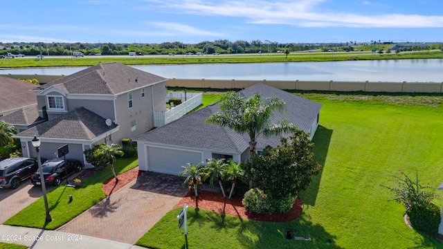 aerial view featuring a water view