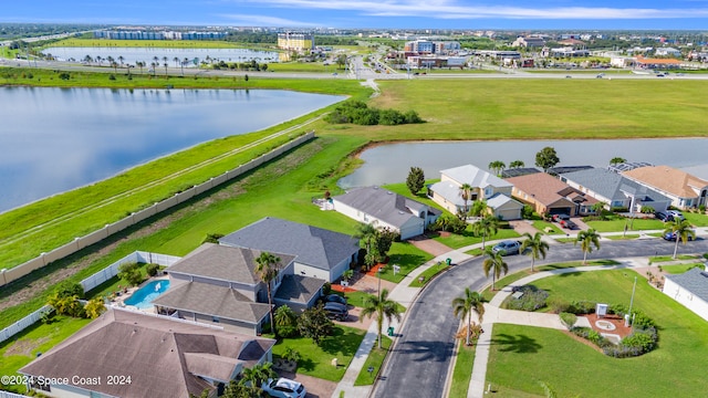 aerial view featuring a water view