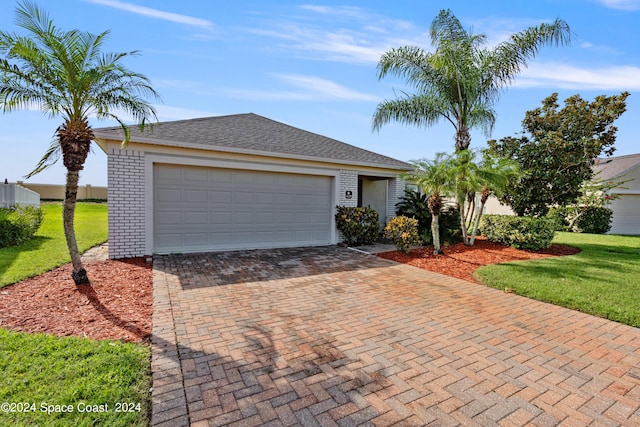 single story home with a garage, a front yard, decorative driveway, and brick siding