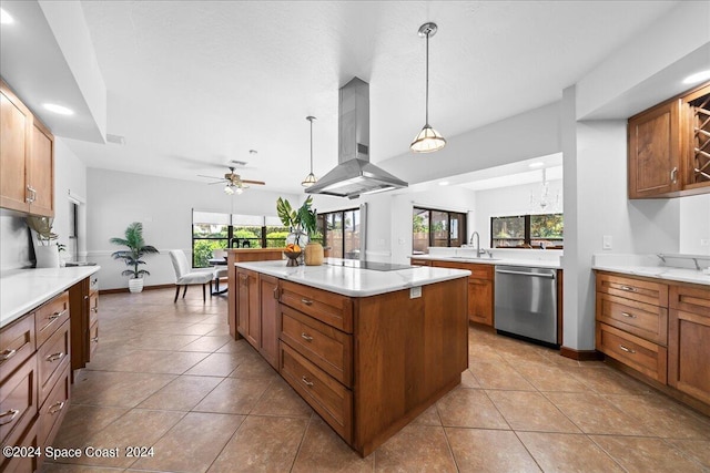 kitchen with pendant lighting, a center island, ceiling fan, island exhaust hood, and stainless steel dishwasher