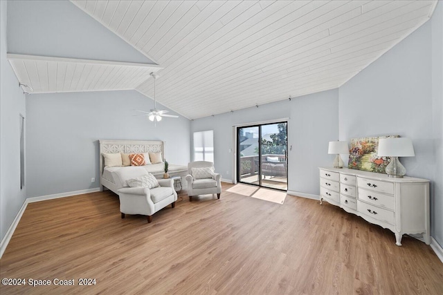 interior space with lofted ceiling, light hardwood / wood-style flooring, ceiling fan, and wood ceiling