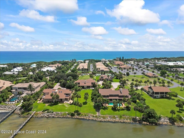 aerial view featuring a water view