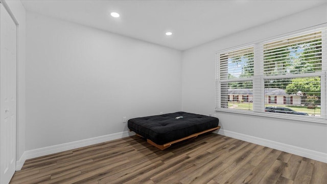 bedroom featuring multiple windows and dark hardwood / wood-style flooring