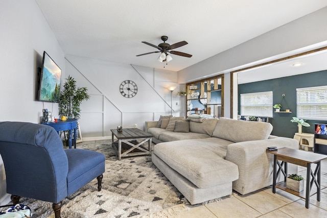 living room featuring ceiling fan