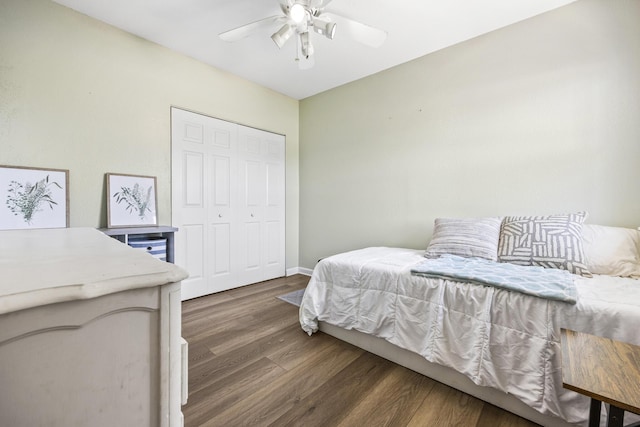 bedroom featuring ceiling fan, dark hardwood / wood-style floors, and a closet